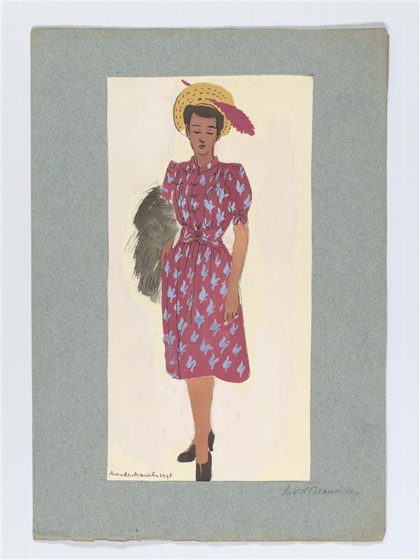 Ontwerptekening van mevrouw van Hoey Smith-Boellaerd, gekleed in jurk met fantasiemotieven en hoed…