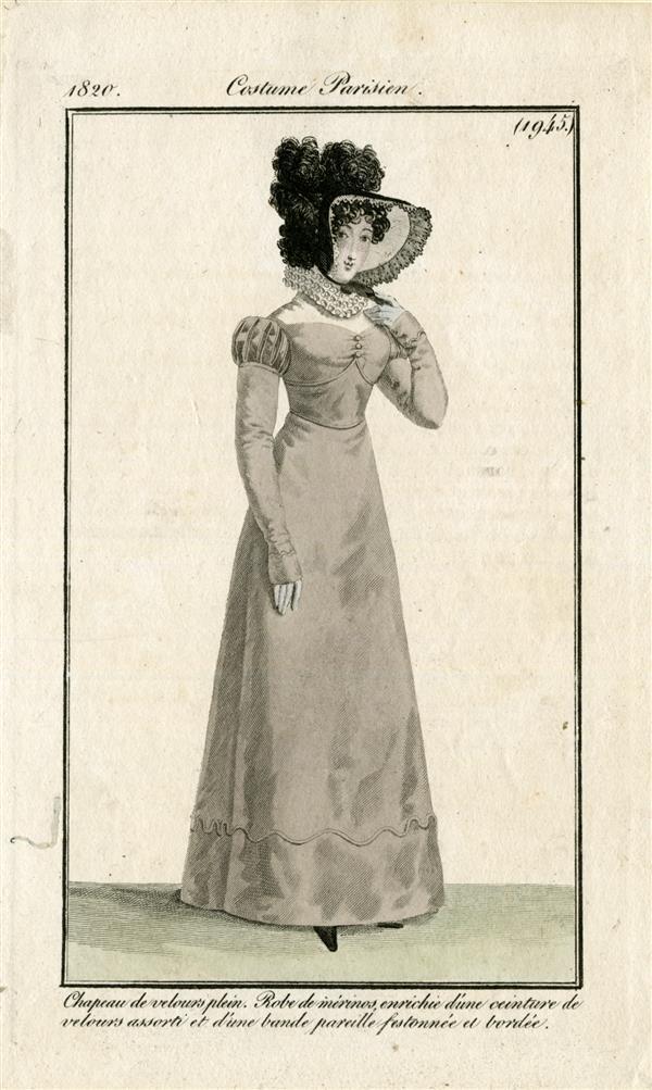 Costume Parisien 'Chapeau de velours plein. Robe de mérinos enrichie d'une ceinture de velours…