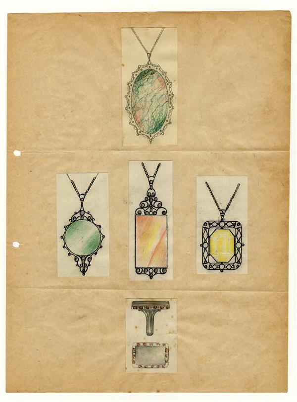 Op dun papier geplakte ontwerptekeningen van 4 ovalen hangers, 1 cirkelvormige hanger, 2…