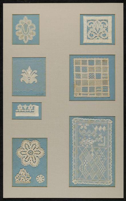 Proefstukken, vastgezet op blauw papier, "M. Pouderoyen", IMR