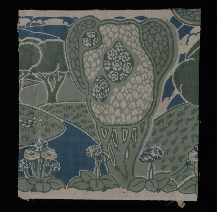 Stofstaal, katoen met dessin met landschap en bomen, Kralingse katoenaatschappij, "2182"