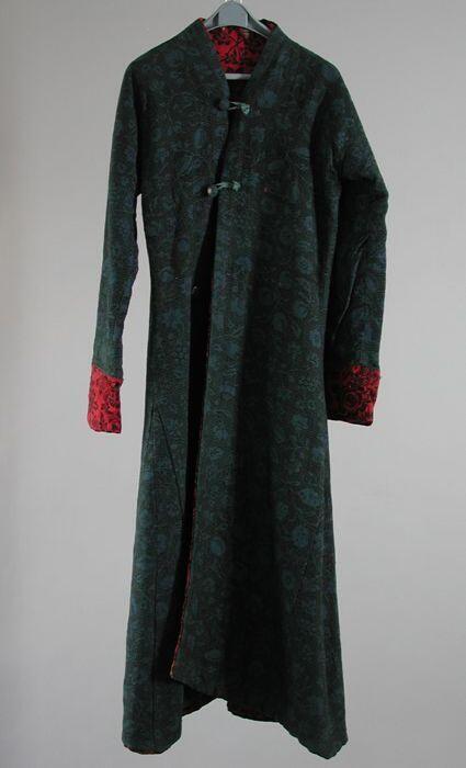 Blauwe wollen Japonse rok met bloemmotief in groen, omkeerbaar