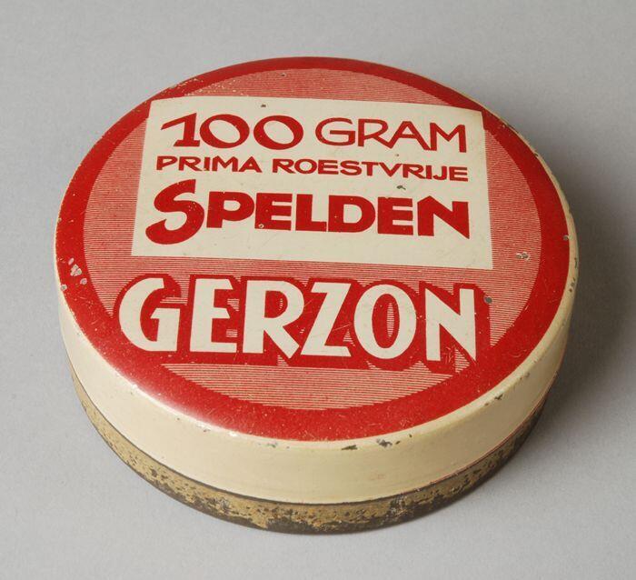 Rond rood-wit blik, "100 gram prima roestvrije spelden" en "Gerzon"