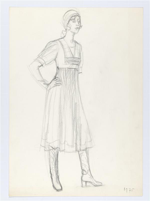 Modeltekening van vrouw in jurk en hoofddoek