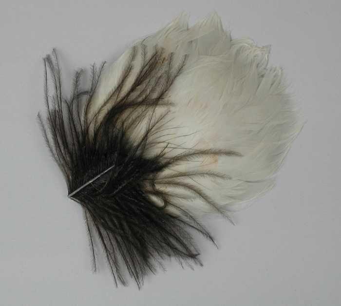 Veren hoedendecoratie of corsage, ovale papieren vorm beplakt met witte veertjes en een stukje…