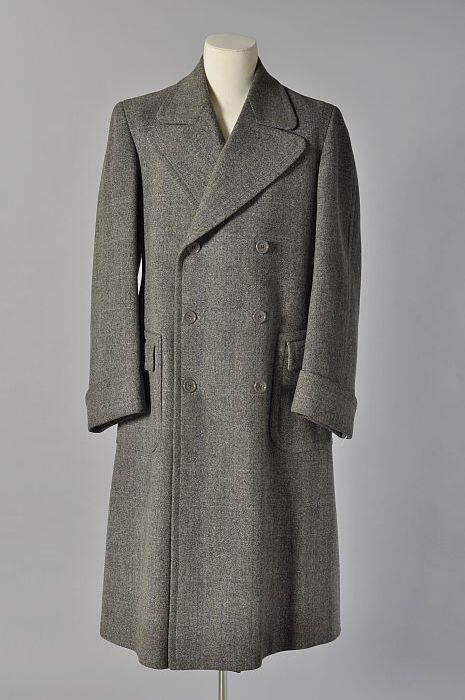 Grijze double breasted winterjas of overjas voor heren met visgraat motief en fijne donkerblauwe…