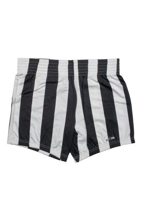 Zwembroek van zwart-wit gestreept glanzend tricot, elastieke taille en korte pijpen, "HOM"