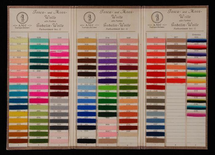 Uitklapbare stalenkaart met kleine woltalen in vele kleuren, "A.M.C. / Tosca und Moos wole /…