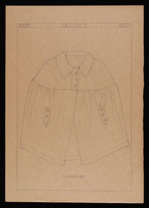 Presentatieblad, bruin papier met eenvoudige lijntekening in potlood van een kindercape, "1885 -…