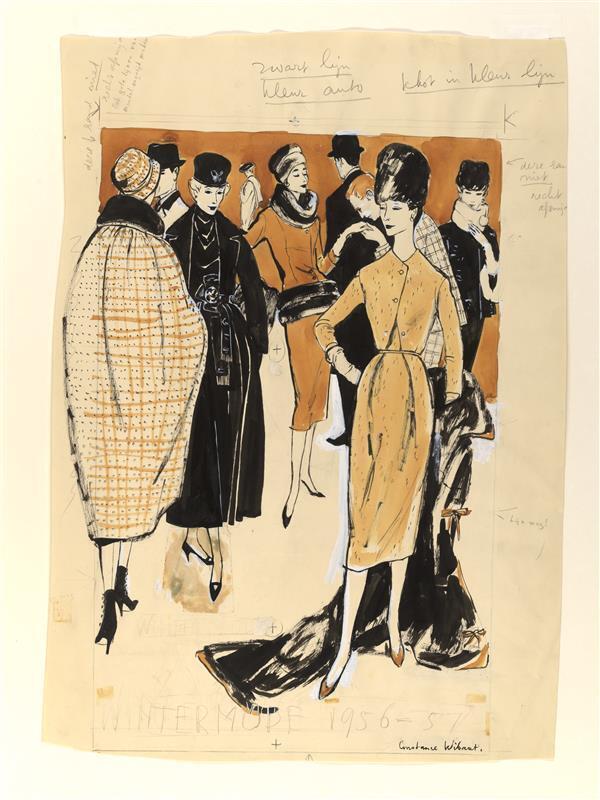 Modetekening van mantelpak Chanel, cape en theaterensemble Dior, mantel Fath en ensemble De Rauch