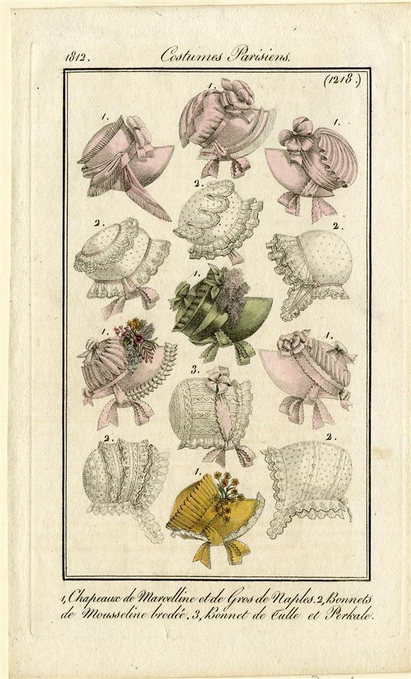 Costumes Parisiens: '1. Chapeaux de Marcelline et de Gros de Naples. 2, Bonnets de Mousseline…