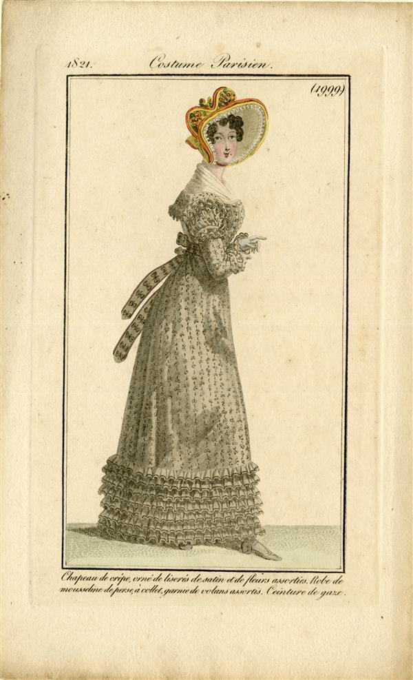Costume Parisien 'Chapeau de crêpe, orné de liserés de satin et de fleurs assorties. Robe de…