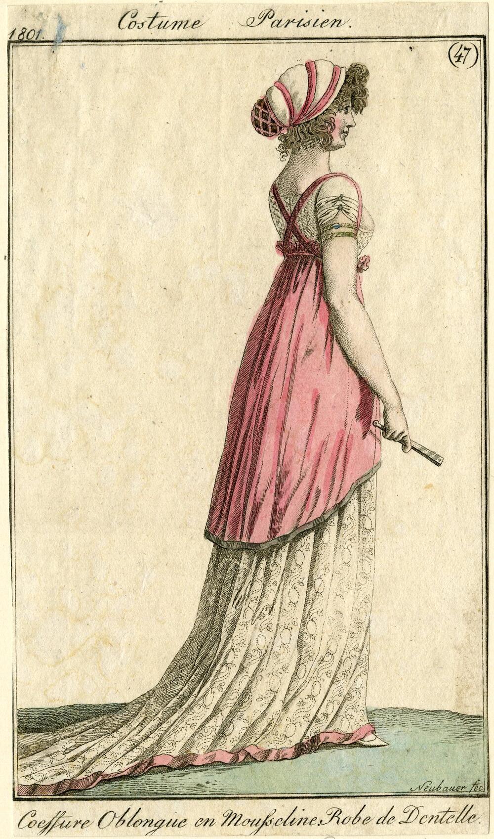 Costume Parisien'Coeffure Oblongue en mousseline. Robe de Dentelle'
