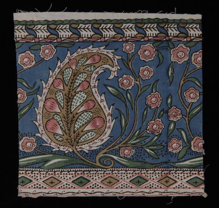 Stofstaal, katoen met veelkleurig dessin met rand met paisleymotieven en bloemranken, Kralingse…