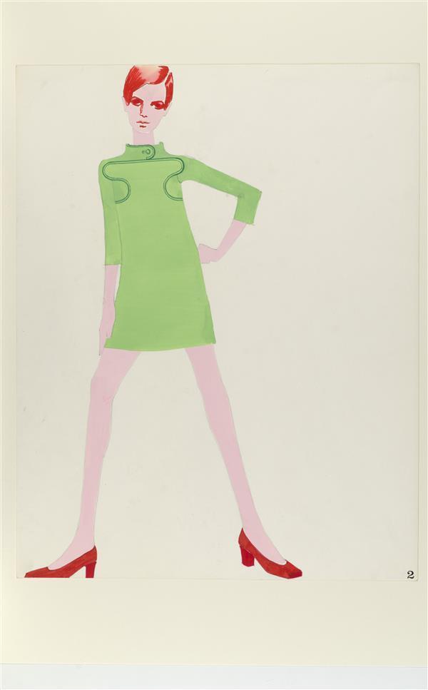 Ontwerptekening van groene mini-jurk en rode schoenen