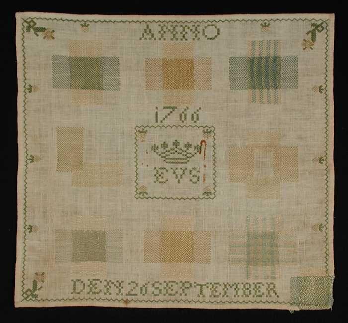 Stoplap gewerkt in groen en geel zijde op crémekleurig katoen "EVS, ANNO 1766", oefening