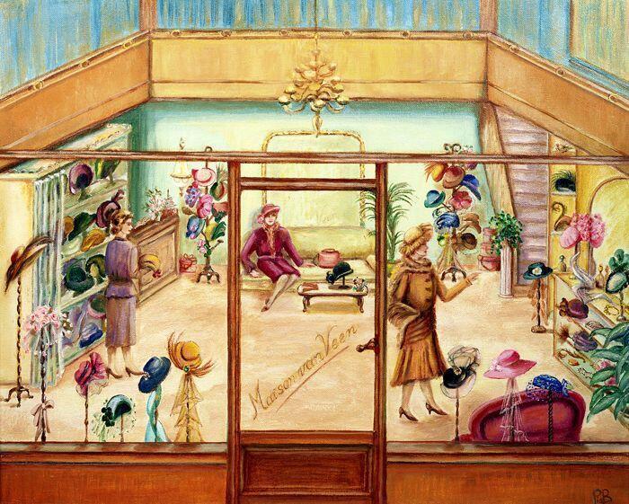 Interieur hoedenwinkel "Maison van Veen" gezien van buitenaf door de glazen pui, situatie rond 1931…