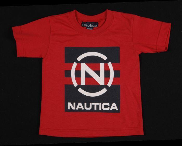 Kindershirt, T-shirt van rood katoen met opdruk in donkerblauw en wit, beeldmerk "Nautica"