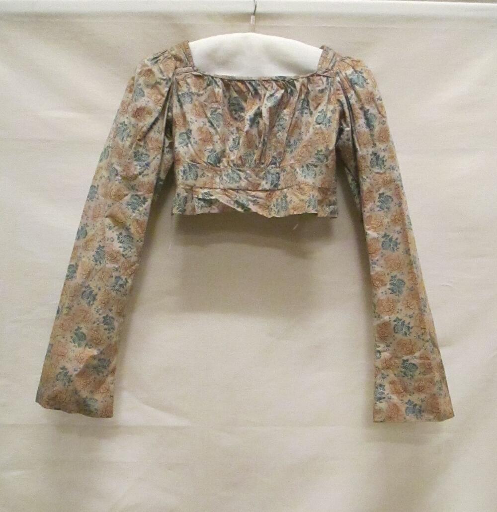 Jak van bedrukt katoen, beige fond met bloempatroon in donkergeel, turquoise en lichtblauw