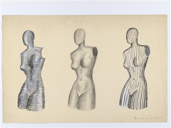 Tekening van drie vrouwentorsen met gestileerd hoofd