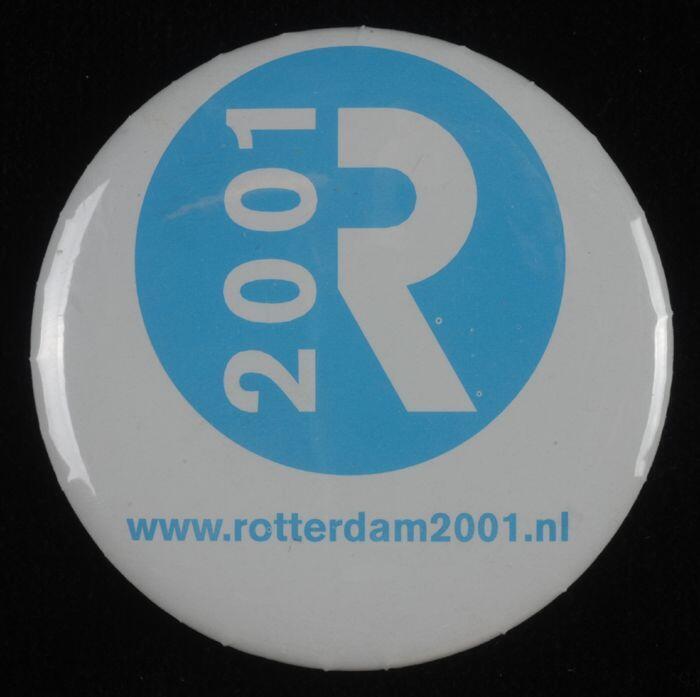 Blauwe button, Rotterdam 2001 Culturele Hoofdstad van Europa, "WWW.rotterdam2001.nl"
