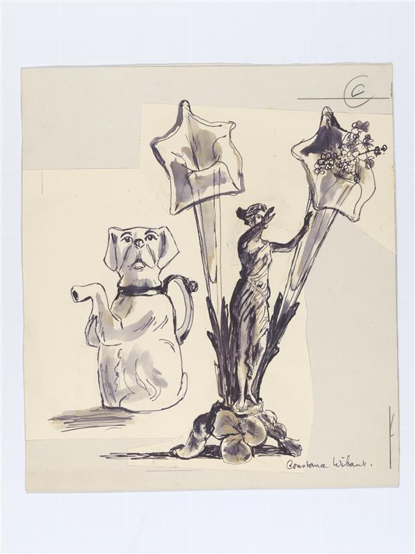 Illustratie van theepot in vorm van hondje, vaas en standbeeldje