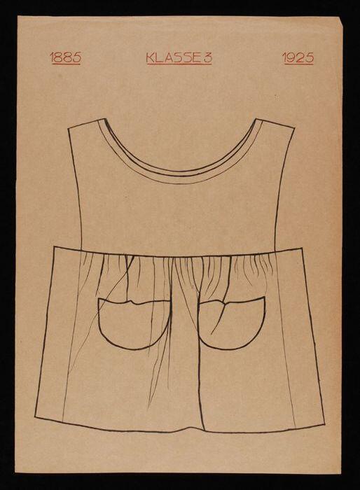 Presentatieblad, bruin papier met eenvoudige lijntekening in zwart van een kinderjurk, "1885 -…