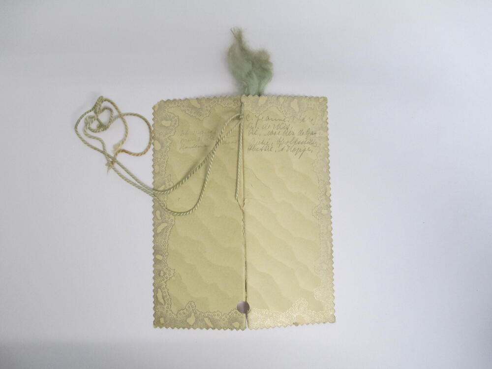 Balboekje van gemarmerd beige karton met kartel randjes en zilveropdruk. Lichtgroen zijden koordje…