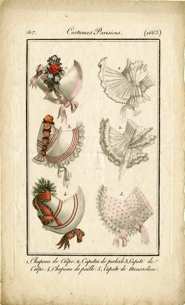 Costumes Parisiens '1. Chapeau de crêpe, 2. Capotes de perkale, 3. Capote de Crêpe, 4. Chapeau de…