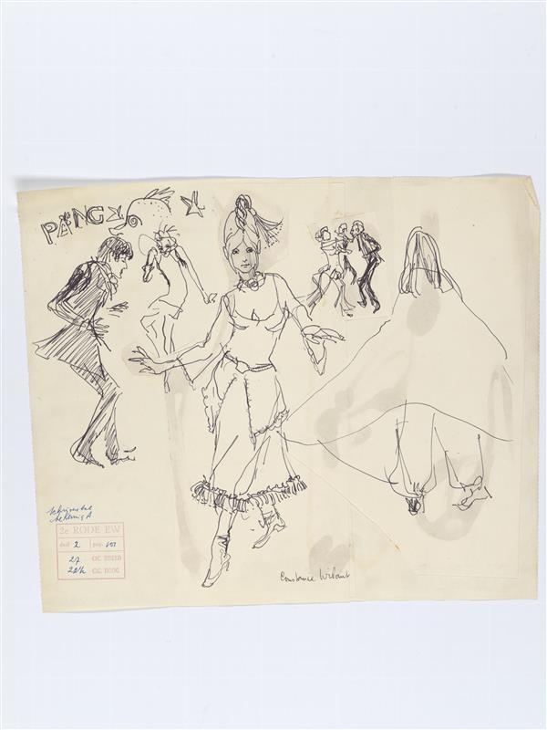 Illustratie van zeven dansende figuren op Schrijversbal