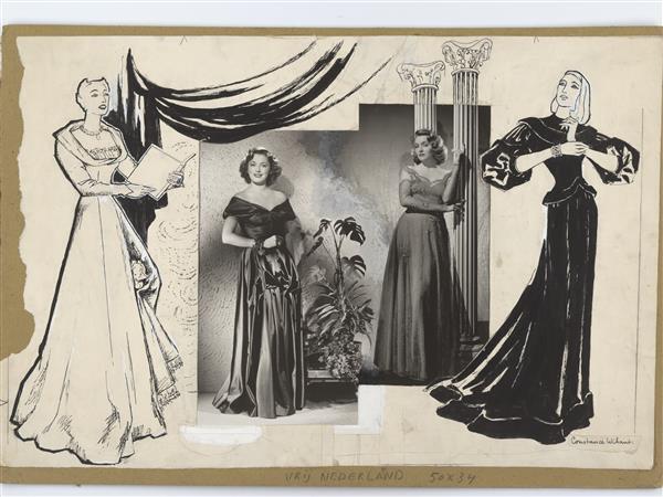 Illustratie van foto van vrouwen, waarachter zuilen en gordijn