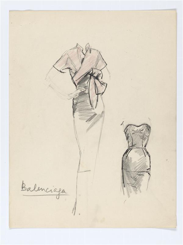 Illustratie van een jurk met omslag van Balenciaga