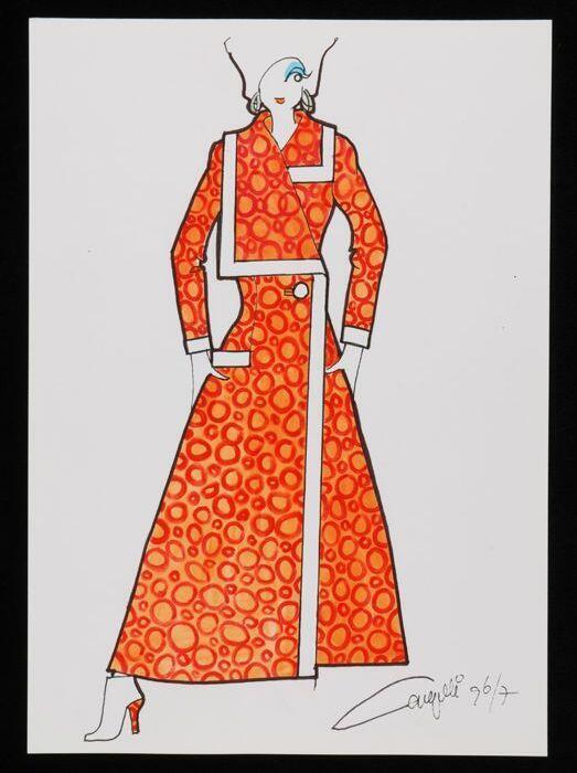 Mode-tekening, ontwerptekening in gemengde technieken op wit papier, "Cargelli 96/7"