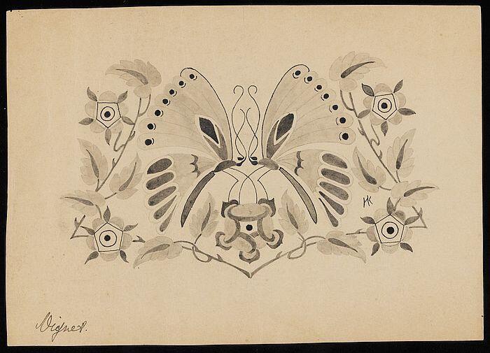 Ontwerptekening voor vignet, twee gespiegelde vlinders tussen bloemtakken, zwarte inkt en gewassen…