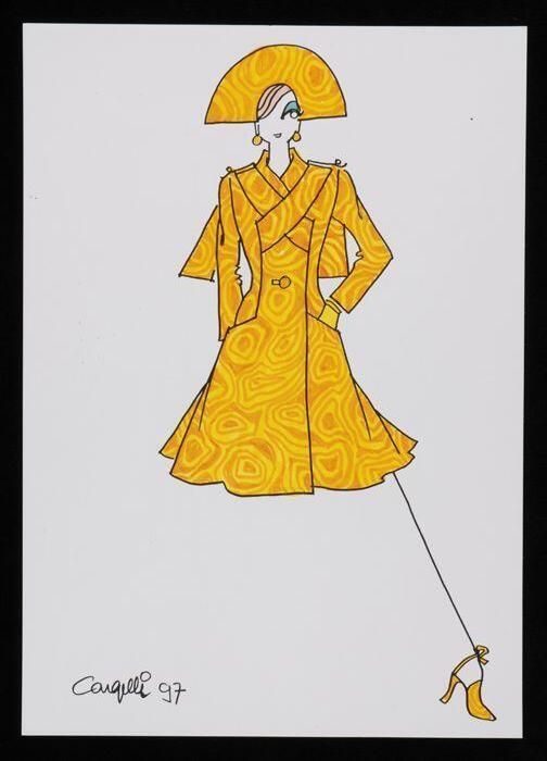 Mode-tekening, ontwerptekening in gemengde technieken op wit papier, "Cargelli 97"