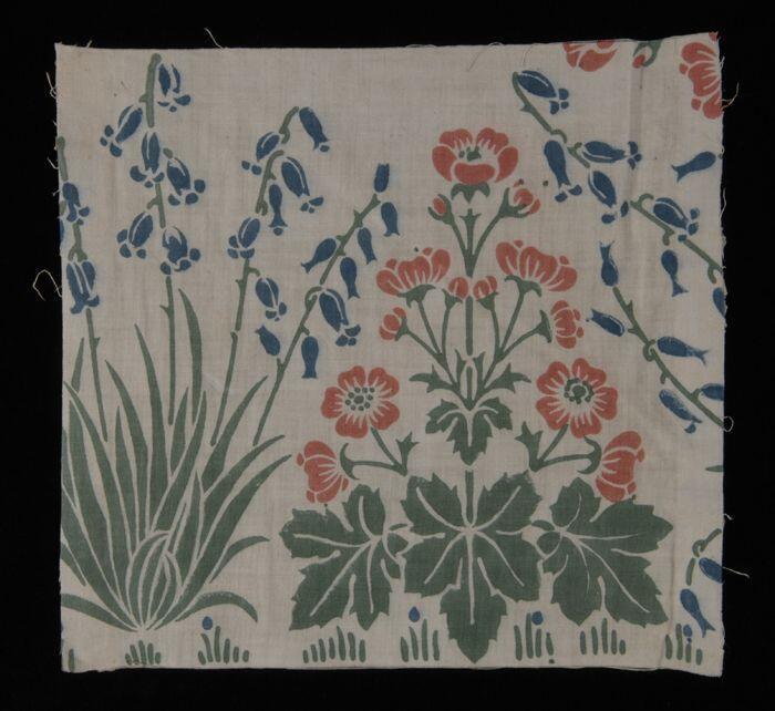 Stofstaal, katoen met dessin met bloemen in blauw, roze en groen, Kralingse katoenaatschappij, …