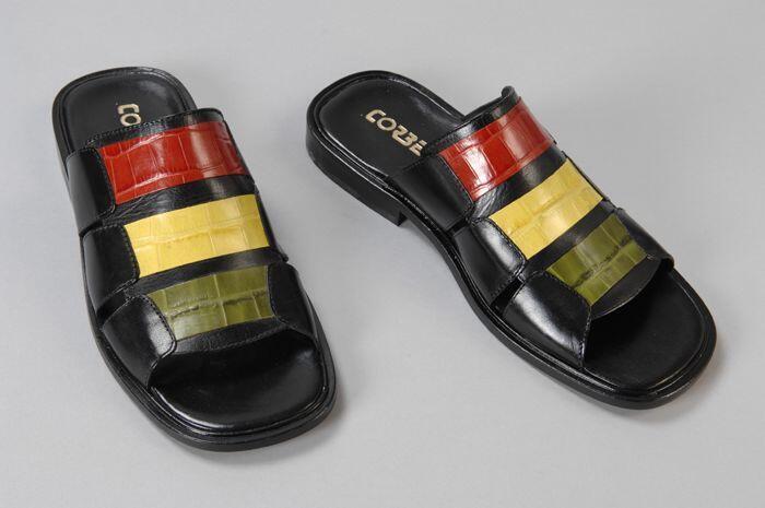 Paar zwarte herenslippers, met banden in rood, geel en groen, "Corbeau"