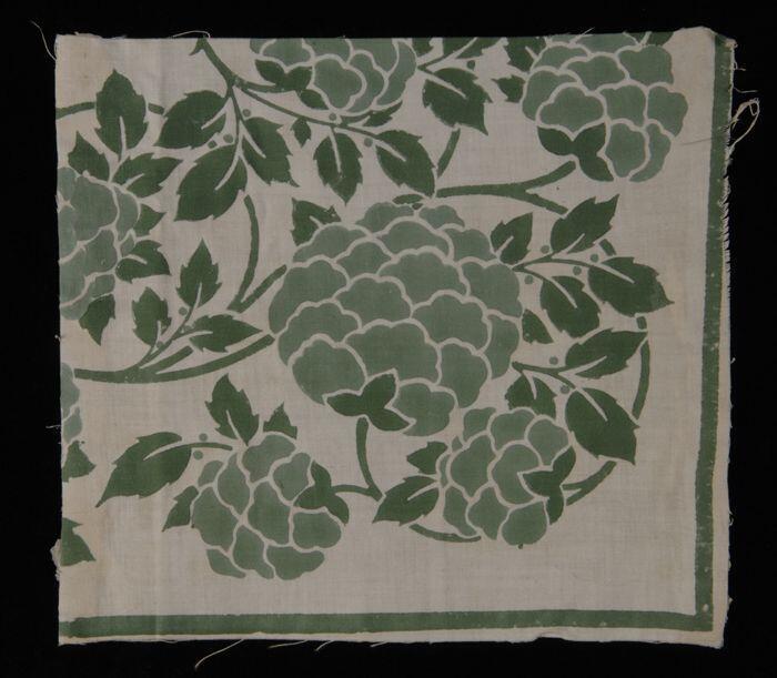 Stofstaal, katoen met dessin met bloemen in twee tinen groen, Kralingse katoenaatschappij, "2458"