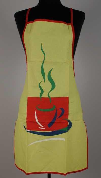 Schort van geel en rood katoen met een kleurige print
