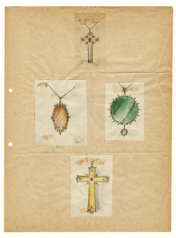 Op dun papier geplakte ontwerptekeningen van 1 kruisvormige hanger, 1 ovale hanger en 1…