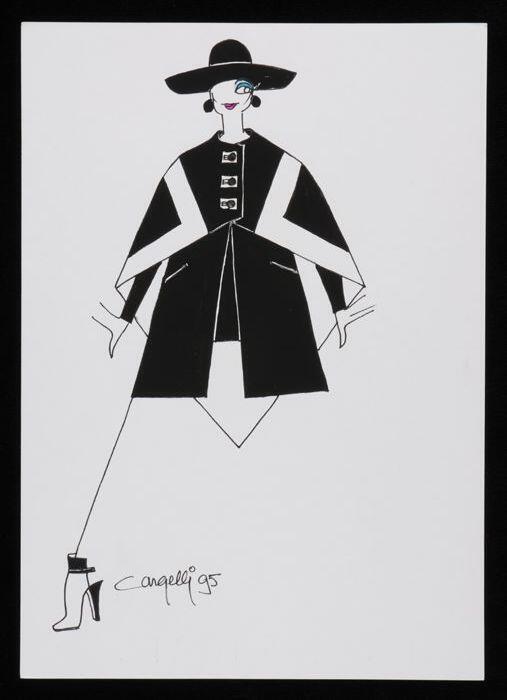 Mode-tekening, ontwerptekening in gemengde technieken op wit papier, "Cargelli 95"