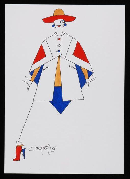 Mode-tekening, ontwerptekening in gemengde technieken op wit papier, "Cargelli 95"