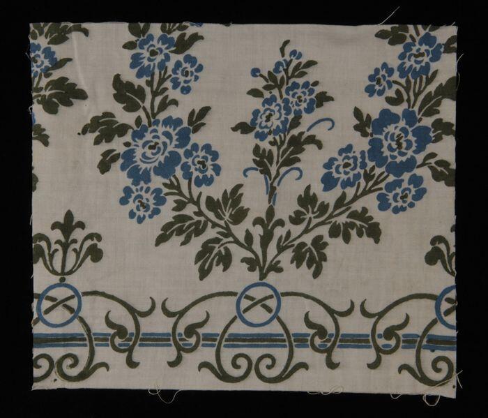 Stofstaal, katoen met dessin met bloemen in blauw en groen, Kralingse katoenaatschappij, "2207"