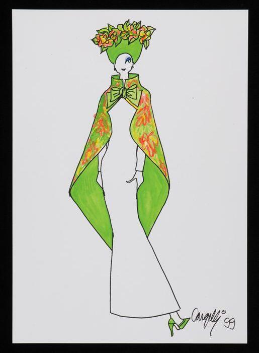 Mode-tekening, ontwerptekening in gemengde technieken op wit papier, "Cargelli 99"