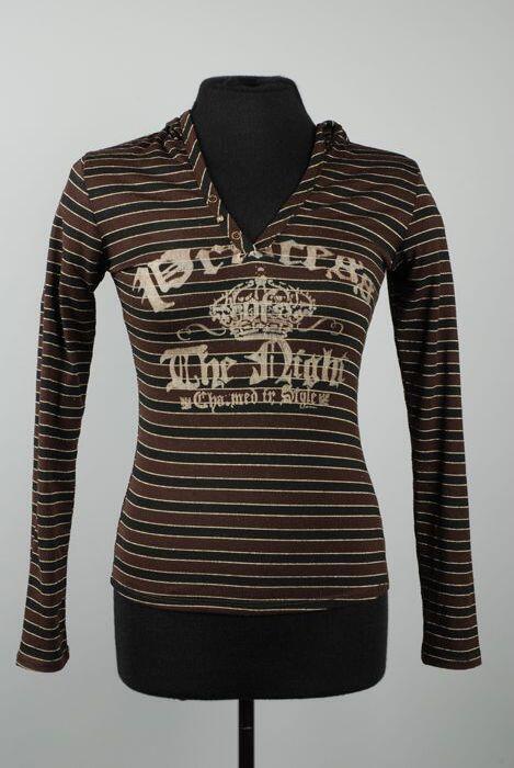 Shirt met capuchon, met bruine, gouden en zwarte horizontale strepen en grijze print