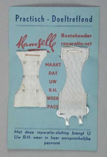 Klein blauw karton met twee onderdelen van BH-sluiting, "Hamselle bustehouder reparatieset"