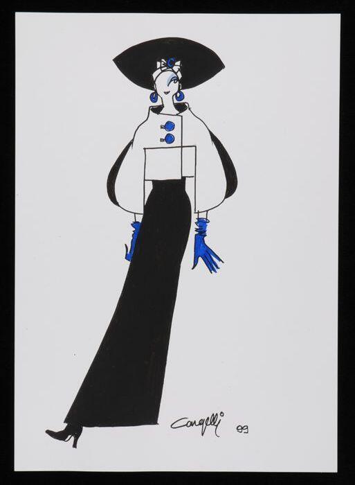 Mode-tekening, ontwerptekening in gemengde technieken op wit papier, "Cargelli 99"