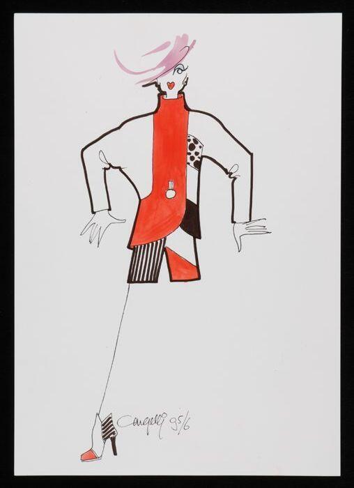 Mode-tekening, ontwerptekening in gemengde technieken op wit papier, "Cargelli 95/6"