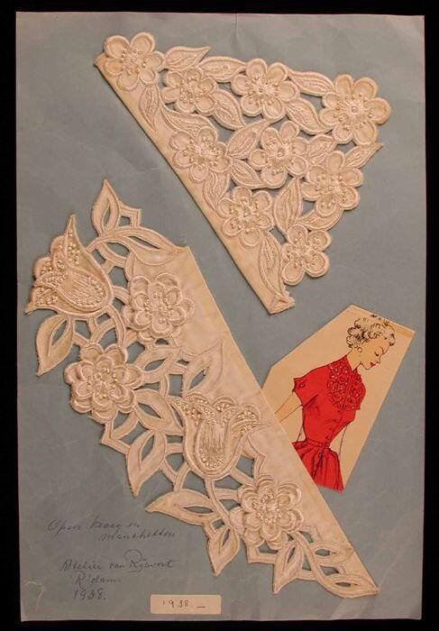 Stalenblad met collage en twee witte borduursels met open werk, Atelier Van Rijsoort