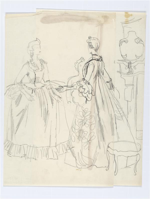 Illustratie van twee achttiende-eeuwse kostuums op tentoonstelling in Prinsenhof